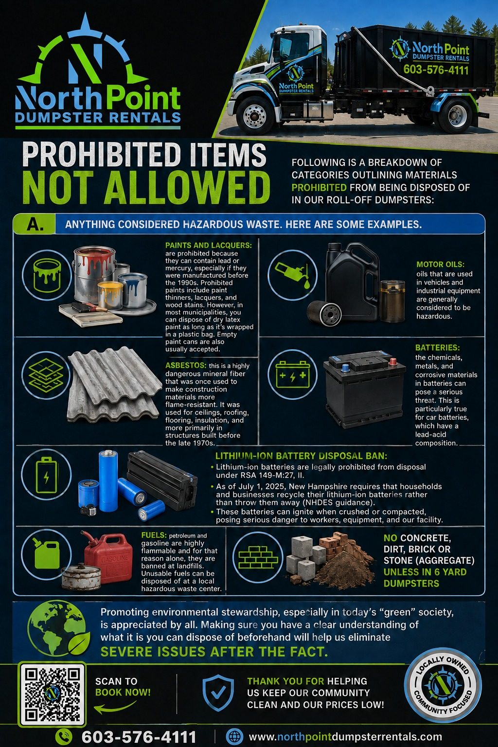 Prohibited items not allowed: paints and lacquers, asbestos, motor oils, batteries, lithium-ion battery disposal ban under RSA 149-M:27 II, fuels, no concrete dirt brick or stone aggregate unless in 6 yard dumpsters