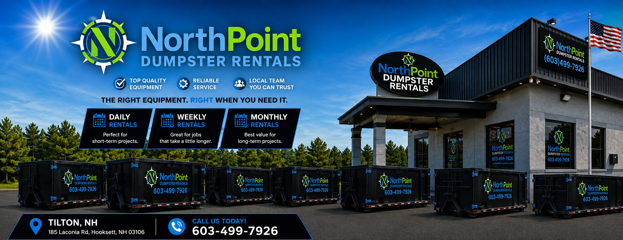 NorthPoint Dumpster Rentals fleet of roll-off containers staged at the yard, with daily, weekly, and monthly rental options