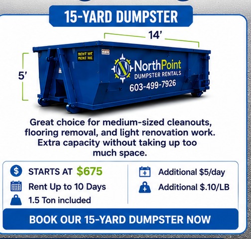 15-Yard Dumpster — 14 feet long by 8 feet wide by 5' tall, starting at $675, 1.5 ton(s) included, 7 rental days included