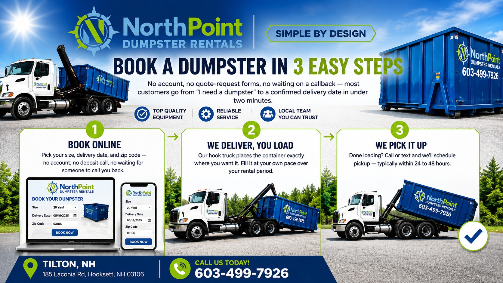 Book a dumpster in 3 easy steps: book online, we deliver and you load, we pick it up